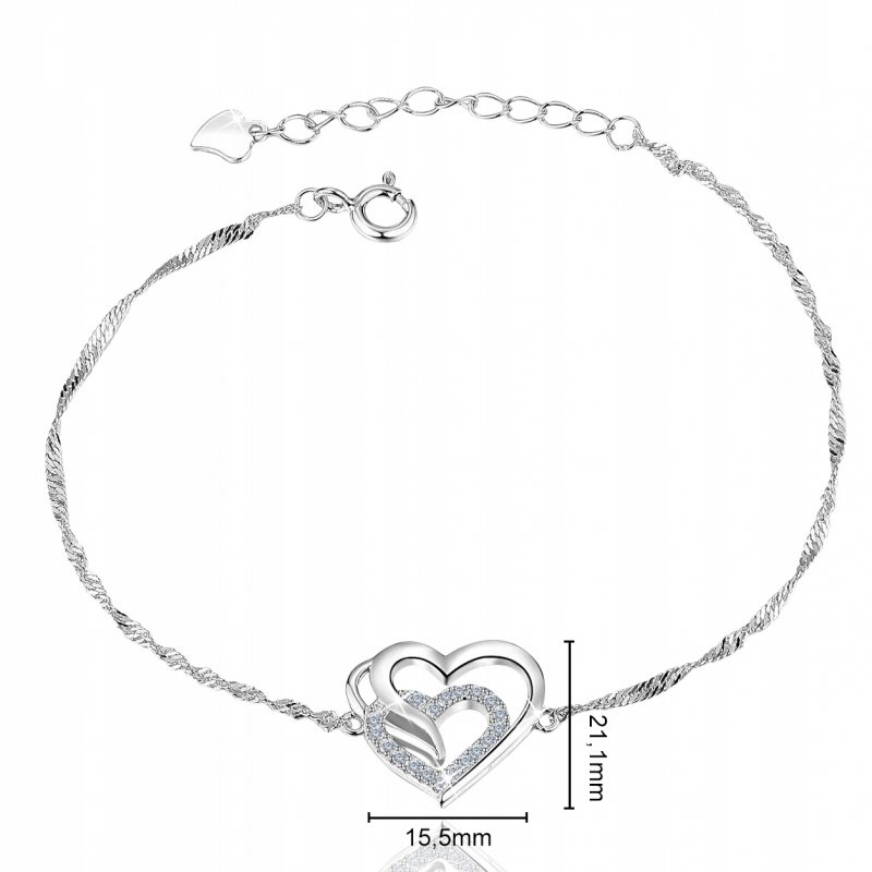 Srebrna bransoletka 925 serce dla kobiety rodowana