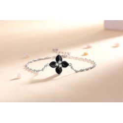 Bransoletka srebrna 925 damska czarny kwiat celebrytka rodowana