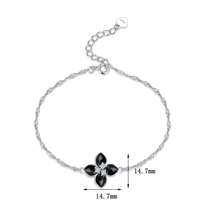 Bransoletka srebrna 925 damska czarny kwiat celebrytka rodowana