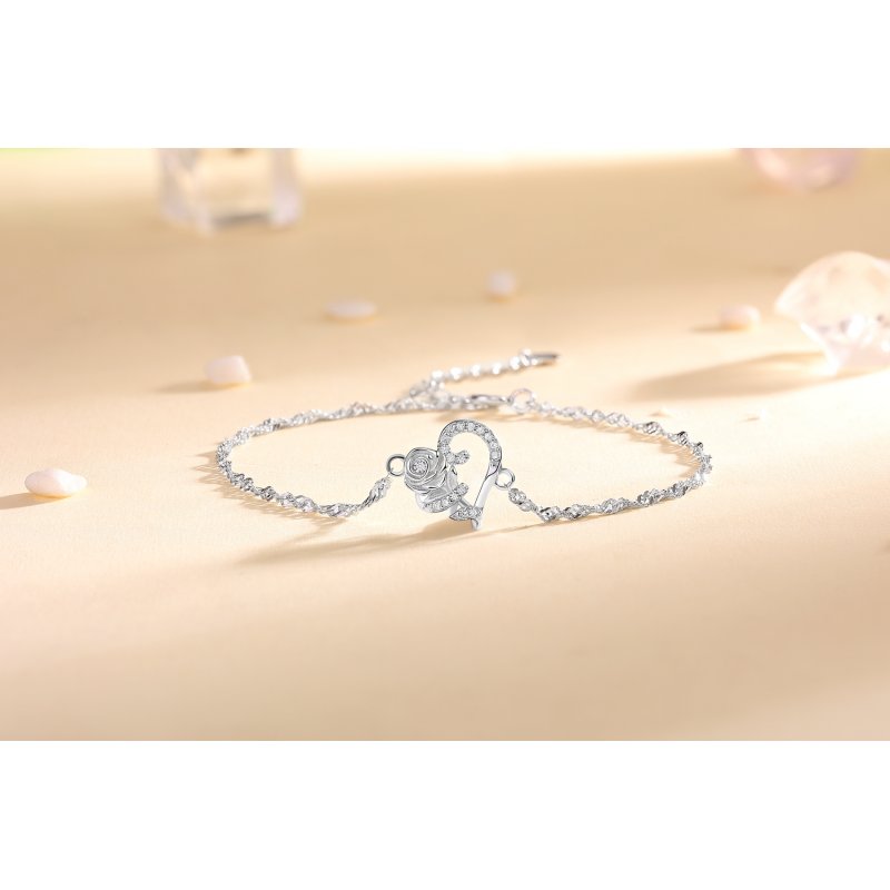 Bransoletka srebrna damska celebrytka róża serce
