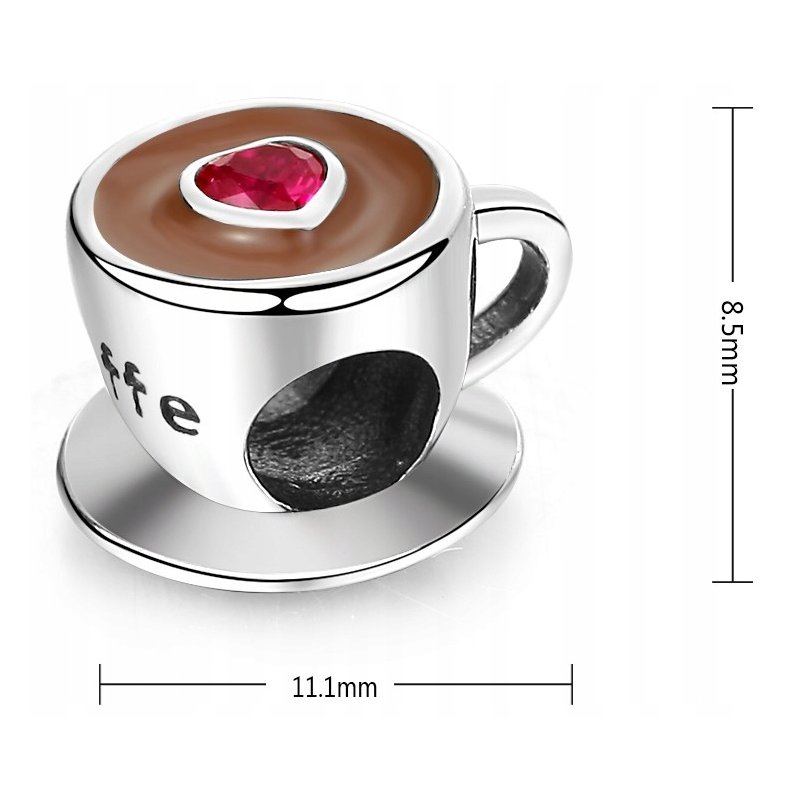 Zawieszka charms srebrny kawa serce koralik