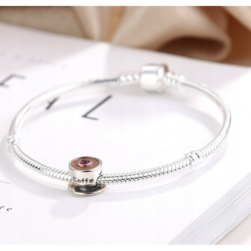 Zawieszka charms srebrny kawa serce koralik