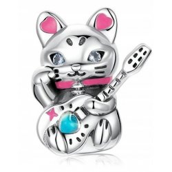 Srebrny charms kot z gitarą zawieszka beads gitara