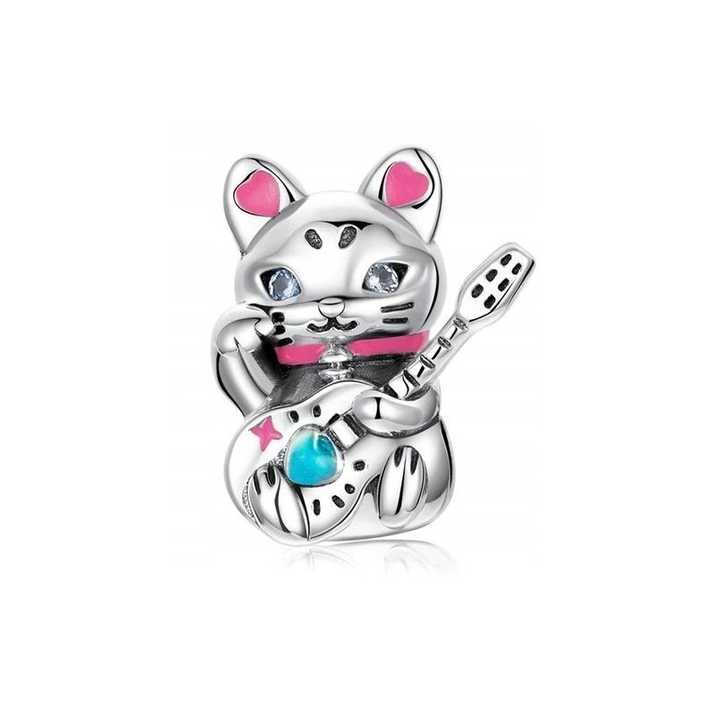 Srebrny charms kot z gitarą zawieszka beads gitara