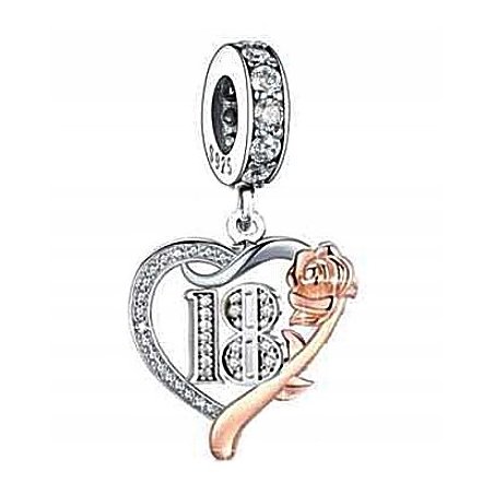 Charms srebrny na 18 urodziny serce róża 925