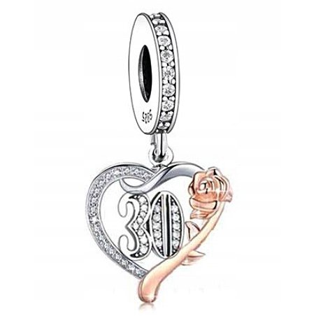 Charms srebrny na 30 urodziny serce róża 925