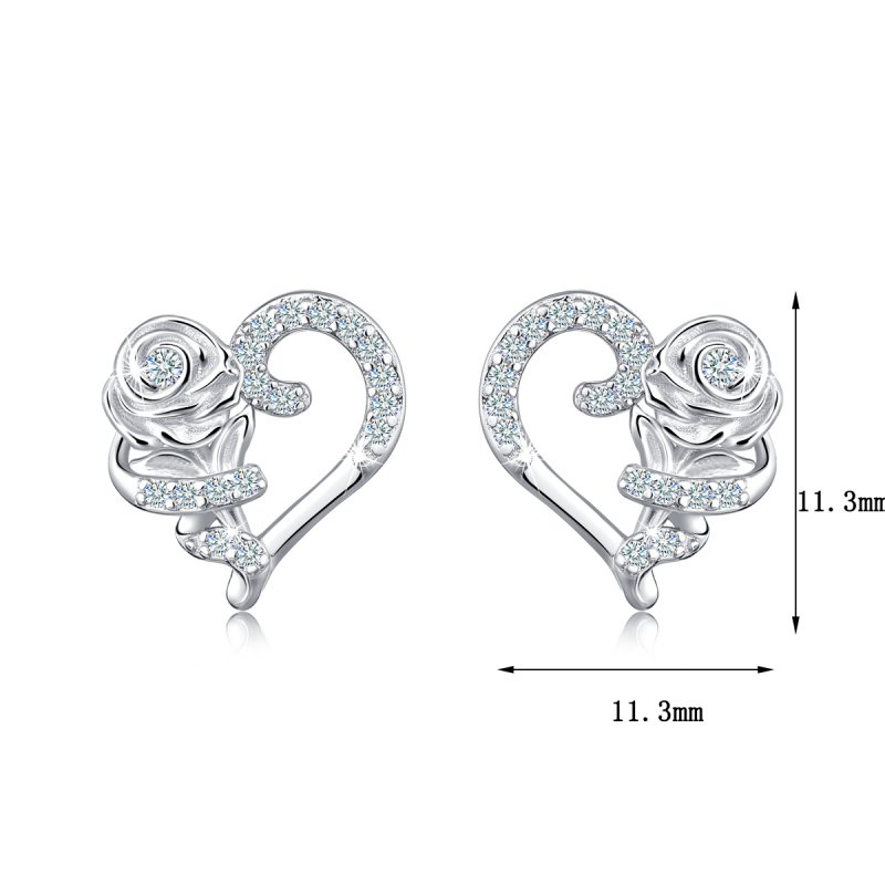 Kolczyki srebrne rodowane róże serca wkrętki