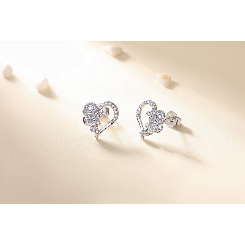 Kolczyki srebrne rodowane róże serca wkrętki