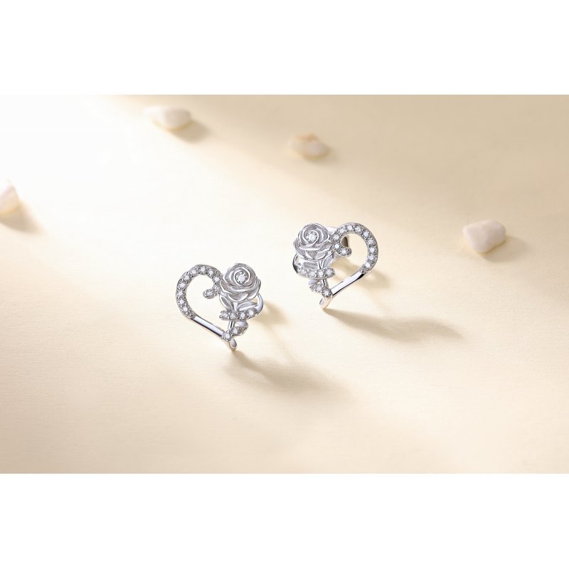 Kolczyki srebrne rodowane róże serca wkrętki