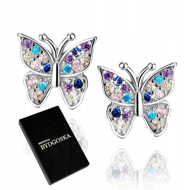 Srebrne kolczyki 925 kolorowe motylki dla dzieci