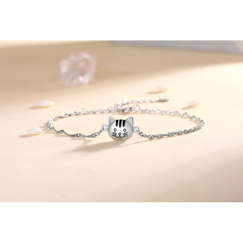 Bransoletka srebrna 925 rodowana kotek delikatny łańcuszek - uroczy design