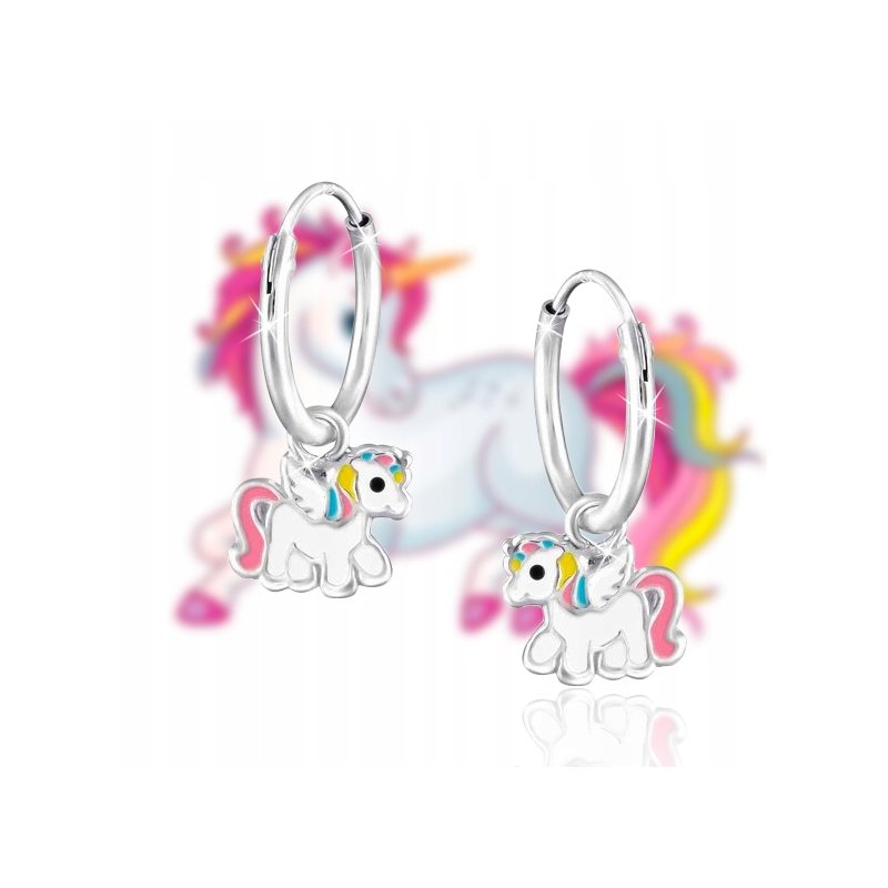 Srebrne kolczyki dla dziewczynki kółka jednorożce