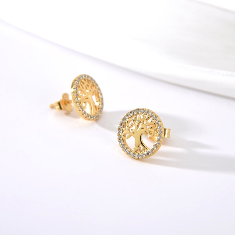 Srebrne kolczyki drzewka drzewo życia szczęścia sztyfty wrętki srebro pozłacane 925