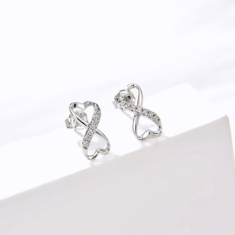 Srebrne kolczyki rodowane serca nieskończoność sztyfty wkrętki srebro 925