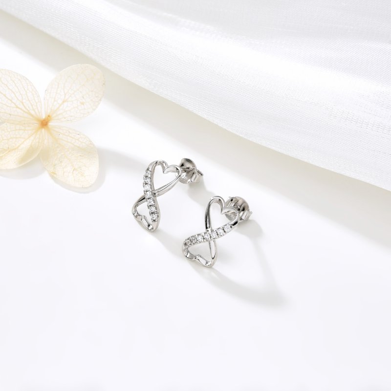 Srebrne kolczyki rodowane serca nieskończoność sztyfty wkrętki srebro 925