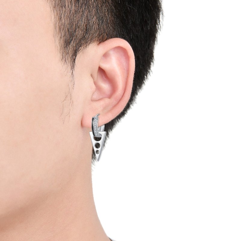 Męski srebrny kolczyk rodowany kółko angielski 925 trójkąt wiszący