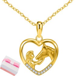 Srebrny naszyjnik 925 dziewczynka z koniem serce koń serduszko cyrkonie konik pozłacany