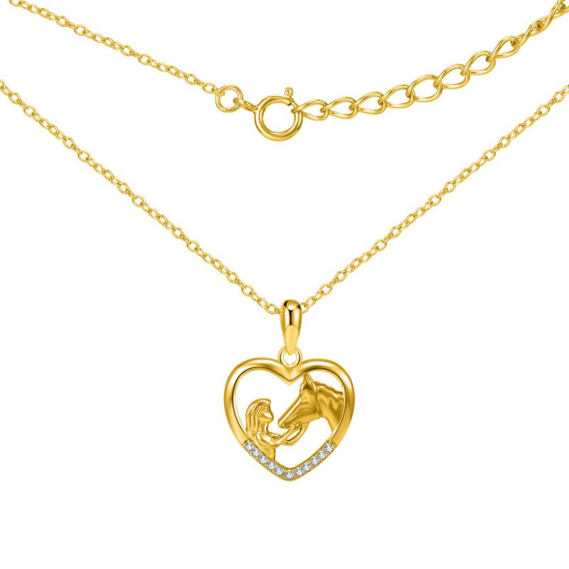 Srebrny naszyjnik 925 dziewczynka z koniem serce koń serduszko cyrkonie konik pozłacany