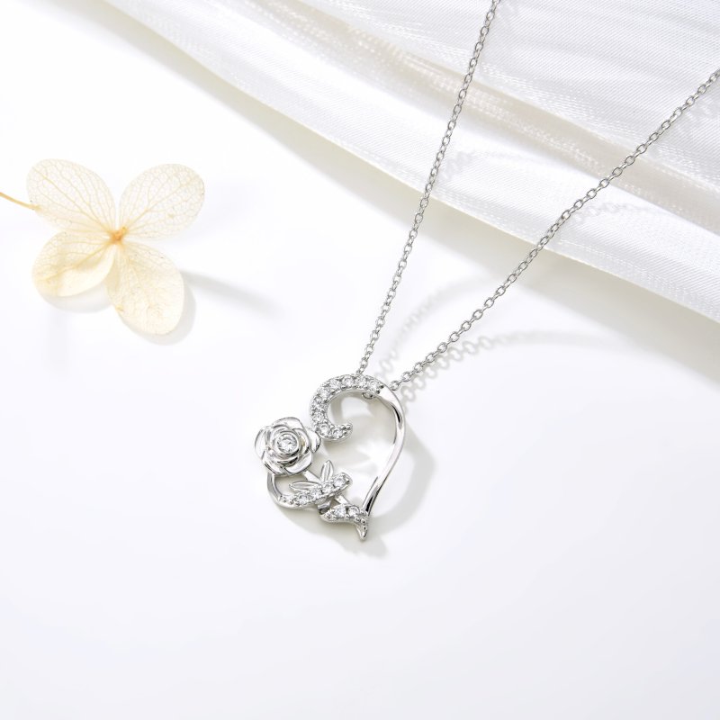Naszyjnik srebrny serce róża łańcuszek z zawieszką