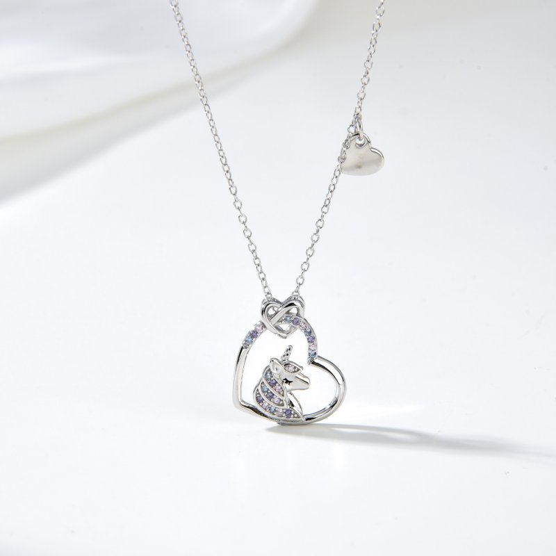 Srebrny naszyjnik rodowany jednorożec serce dla dziewczynki srebro 925