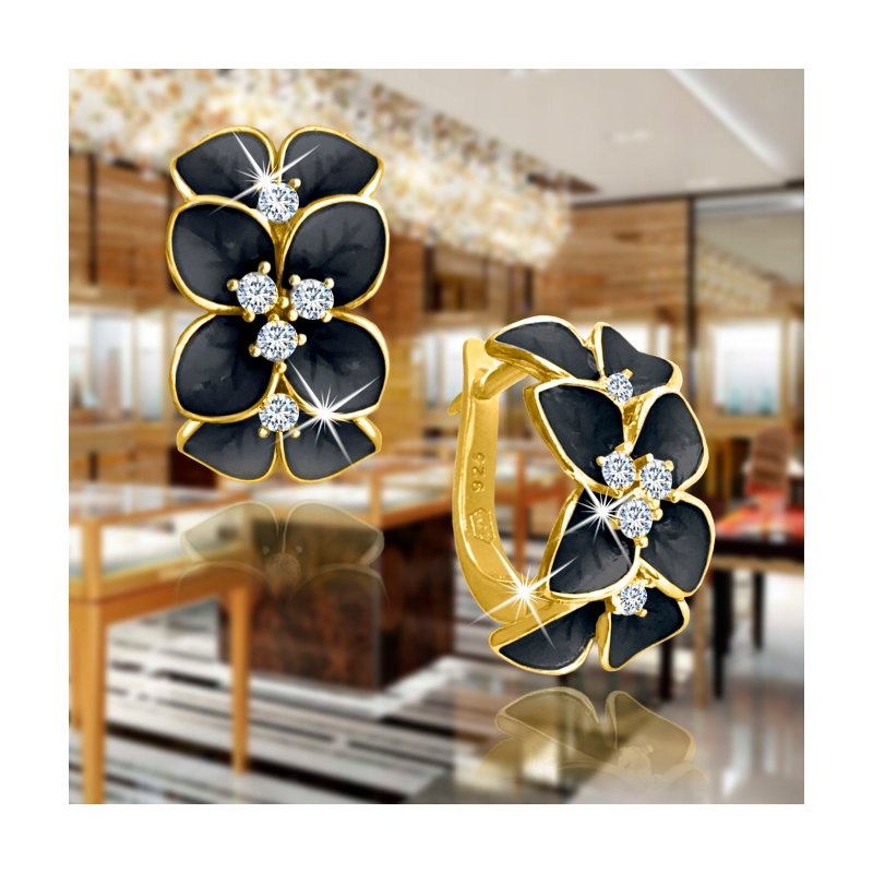 Kolczyki srebrne angielskie kwiatki czarne srebro 925 złocone oryginalne