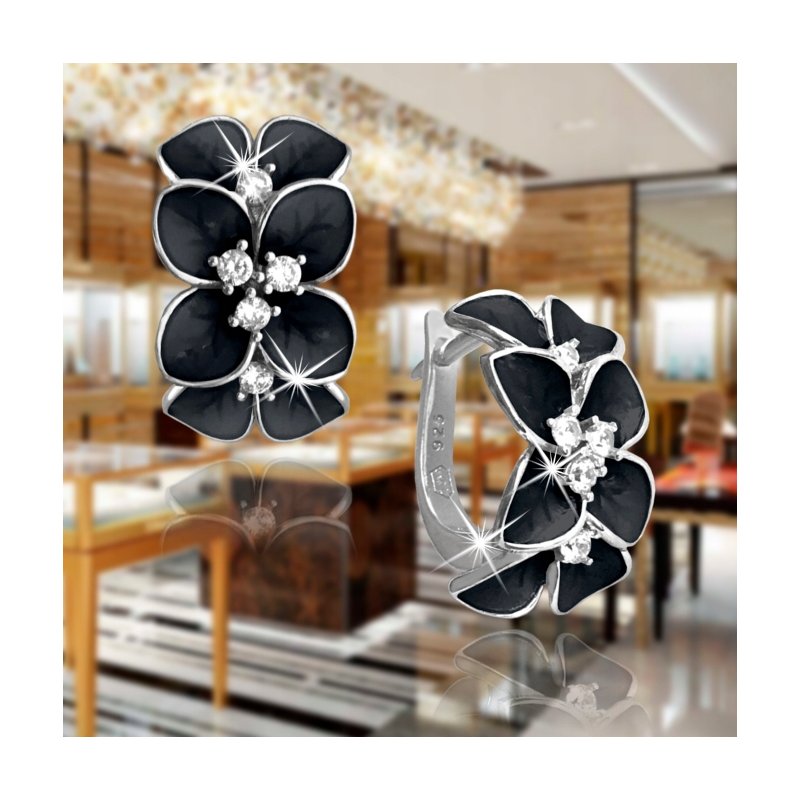 Srebrne kolczyki 925 dla kobiety kwiatki czarne kolczyki srebro angielskie