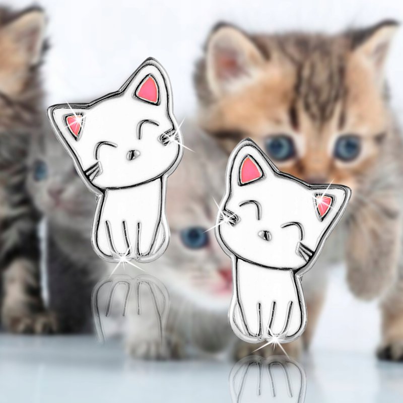 Kolczyki kotki rodowane srebrne dla dziewczynki