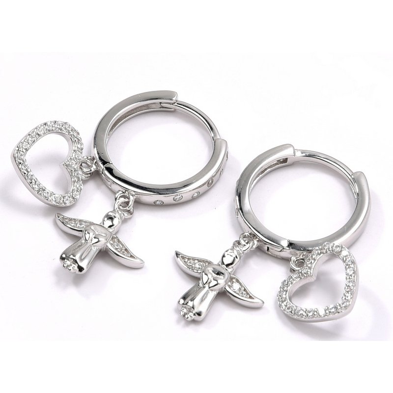 Kolczyki srebrne wiszące serca aniołek kółka na komunię