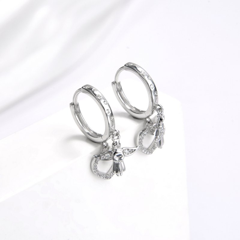 Kolczyki srebrne wiszące serca aniołek kółka na komunię