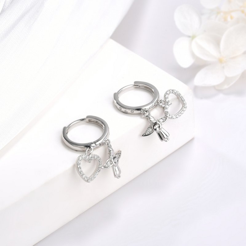 Kolczyki srebrne wiszące serca aniołek kółka na komunię