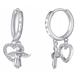 Kolczyki srebrne wiszące serca aniołek kółka na komunię
