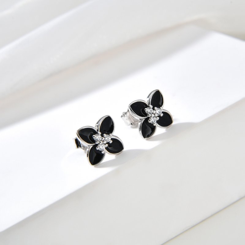 Srebrne kolczyki wkrętki kwiatki czarne sztyfty kolczyki srebro rodowane