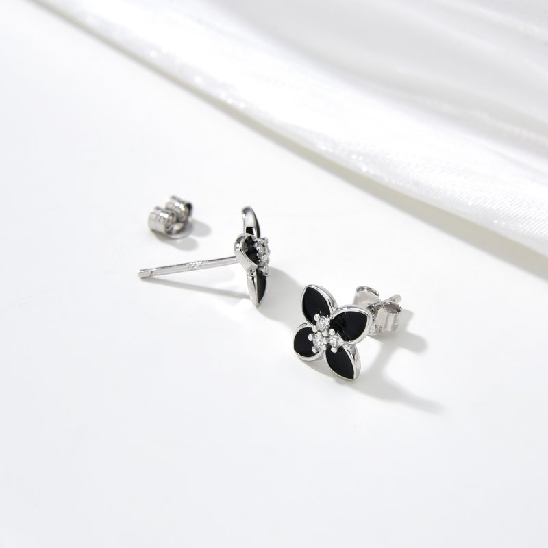 Srebrne kolczyki wkrętki kwiatki czarne sztyfty kolczyki srebro rodowane