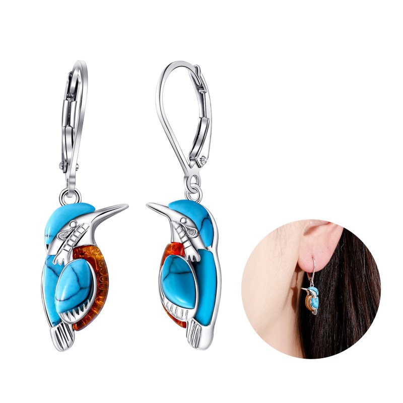 Kolczyki srebrne wiszące angielskie kolibry srebro 925 turkus bursztyn