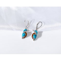 Kolczyki srebrne wiszące angielskie kolibry srebro 925 turkus bursztyn