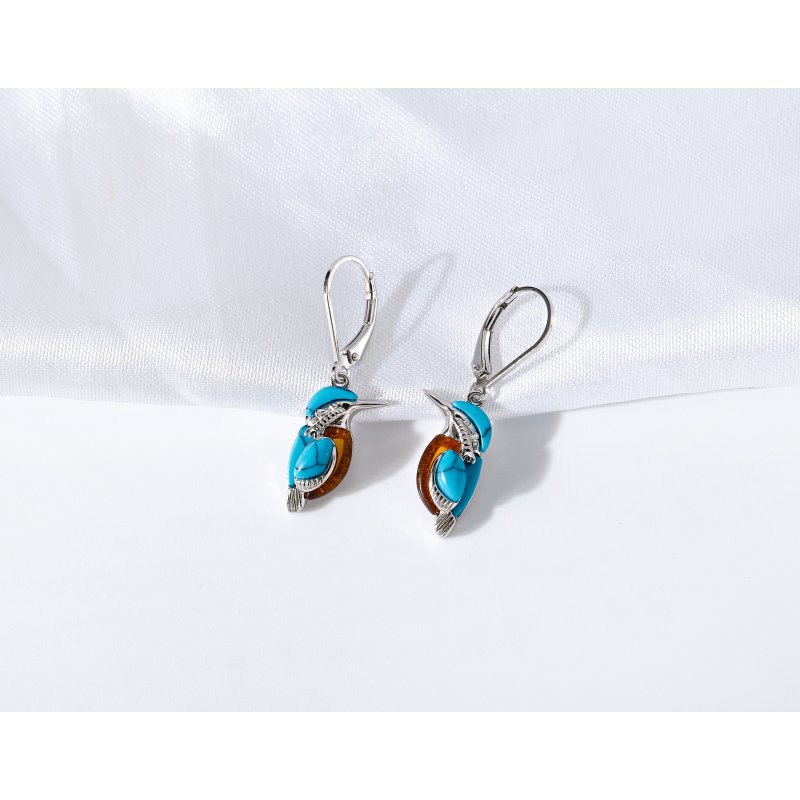 Kolczyki srebrne wiszące angielskie kolibry srebro 925 turkus bursztyn