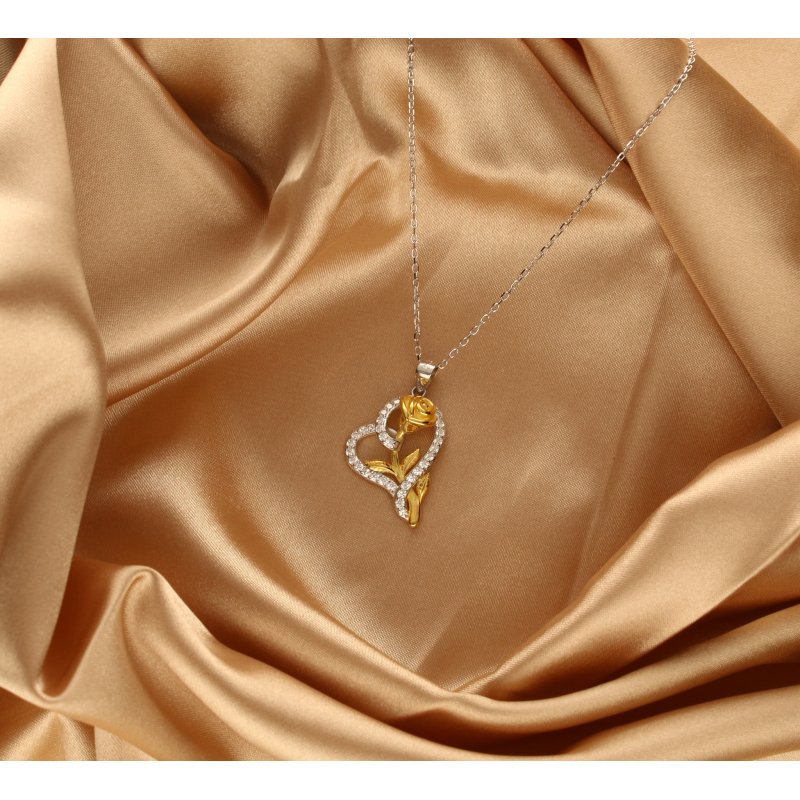 Srebrny naszyjnik serce róża łańcuszek damski z zawieszką srebro pozłacane