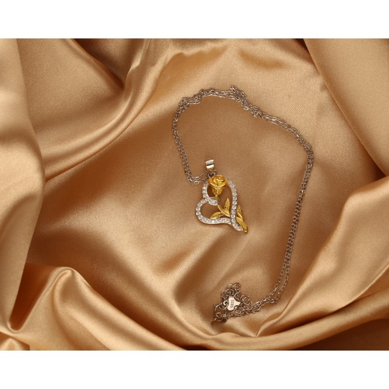 Srebrny naszyjnik serce róża łańcuszek damski z zawieszką srebro pozłacane