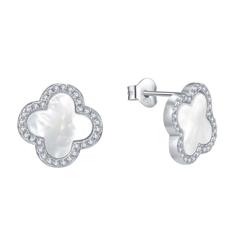 Srebrne kolczyki z masą perłową kwiatki rodowane srebro próba 925 sztyfty