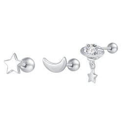 Srebrny zestaw trzech kolczyków rodowanych piercing gwiazdka srebro 925