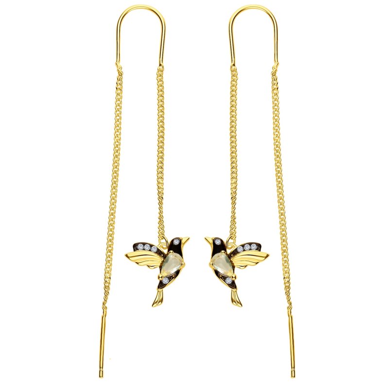 Srebrne kolczyki przeciągane wiszące koliberki kolibry srebro próba 925 pozłacane