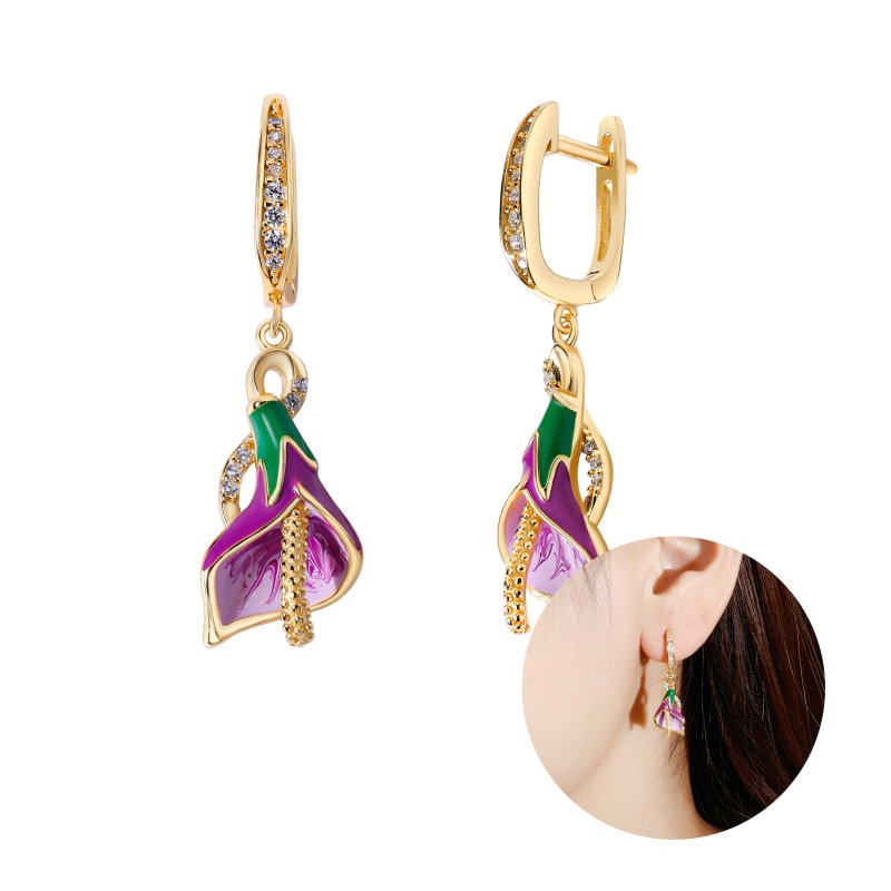 Srebrne kolczyki damskie wiszące angielskie kwiatki z cyrkoniami srebro 925 pozłacane