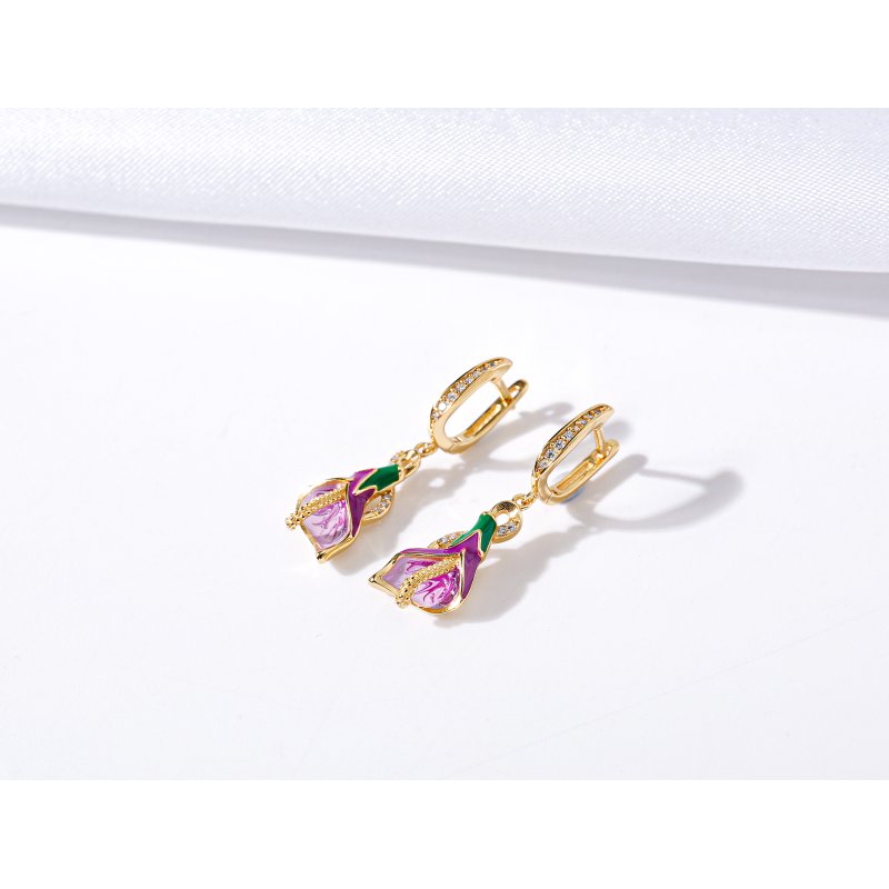 Srebrne kolczyki damskie wiszące angielskie kwiatki z cyrkoniami srebro 925 pozłacane