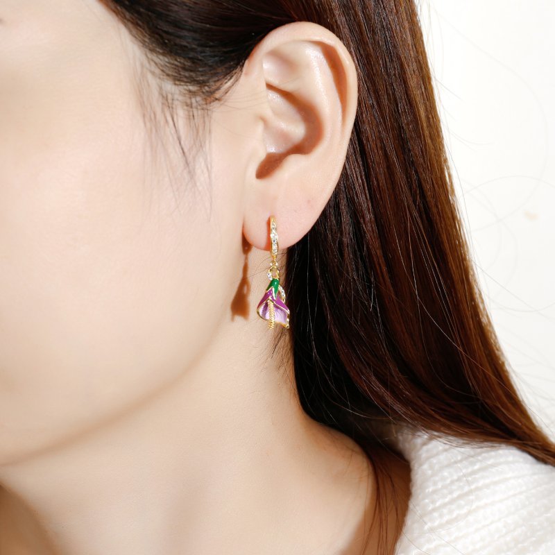 Srebrne kolczyki damskie wiszące angielskie kwiatki z cyrkoniami srebro 925 pozłacane