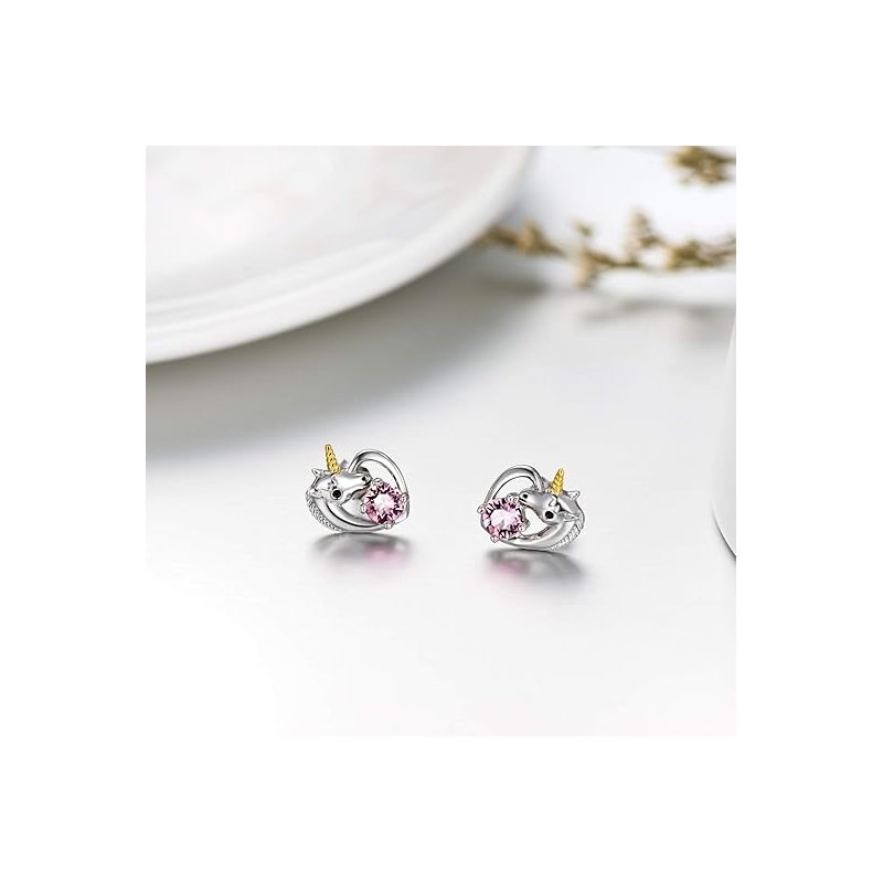 Srebrne kolczyki serca jednorożce dla dziewczynki srebro 925  sztyfty
