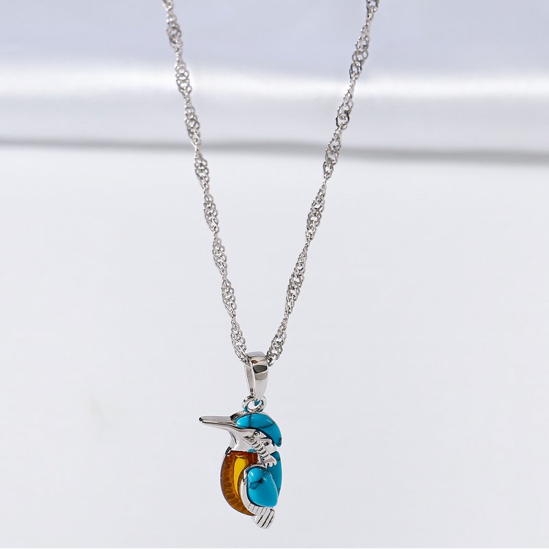 Naszyjnik srebrny łańcuszek damski z zawieszką koliber bursztyn srebro 925