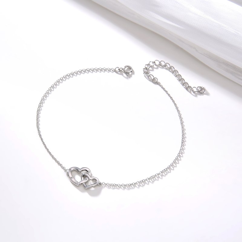 Bransoletka srebrna serce na stopę kostkę nogę dwa serca srebro 925 na lato wakacje plażę