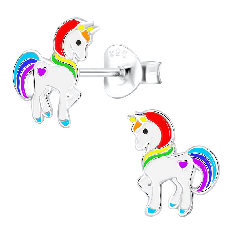 Srebrne kolczyki 925 dla dziewczynki jednorożce wkrętki sztyfty