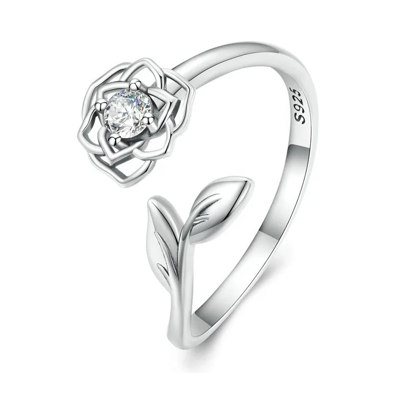 Pierścionek srebrny regulowany kwiatek listki 925