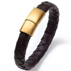 Bransoletka męska skórzana pozłacana brązowa magnetyczna stal chirurgiczna 316l